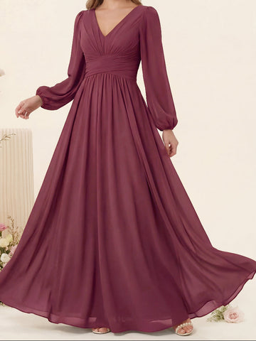 A-Line/Princess V-Neck Long Sleeves Chiffon Long Bridesmaid Dresses With Pockets