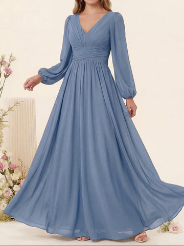 A-Line/Princess V-Neck Long Sleeves Chiffon Long Bridesmaid Dresses With Pockets
