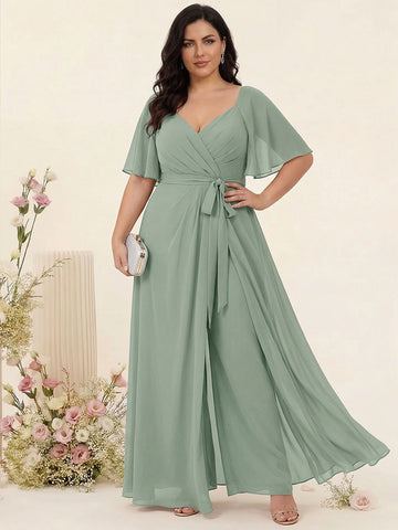 A-Line/Princess V-Neck Half Sleeves Plus Size Bridesmaid Dresses with Split Side