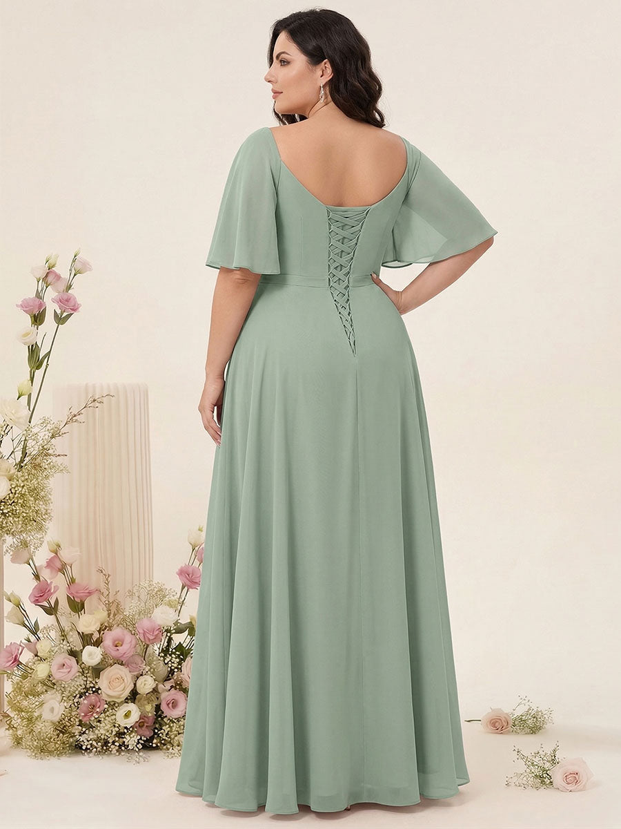 A-Line/Princess V-Neck Half Sleeves Plus Size Bridesmaid Dresses with Split Side