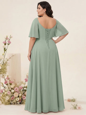 A-Line/Princess V-Neck Half Sleeves Plus Size Bridesmaid Dresses with Split Side