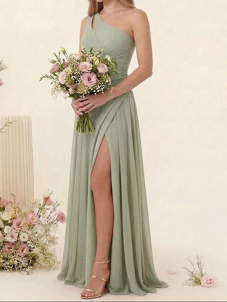 Sheath/Column One-Shoulder Long Bridesmaid Dresses with Split Side