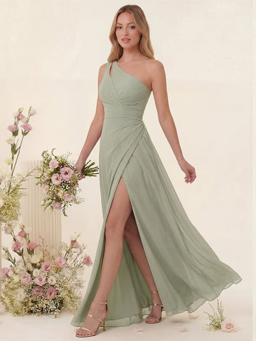 Sheath/Column One-Shoulder Long Bridesmaid Dresses with Split Side
