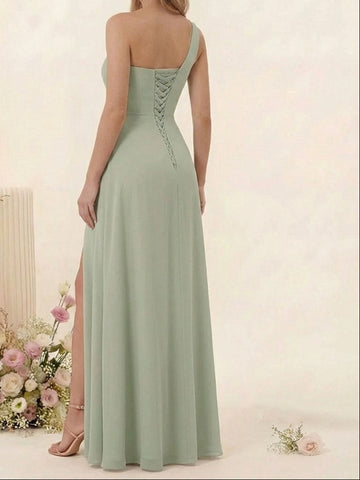 Sheath/Column One-Shoulder Long Bridesmaid Dresses with Split Side
