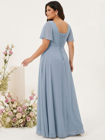 A-Line/Princess V-Neck Short Sleeves Plus Size Bridesmaid Dresses with Pockets