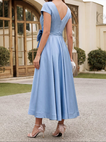 A-Line/Princess V-Neck Short Sleeves Ankle-Length Mother of the Bride Dresses With Pockets & Ruffles
