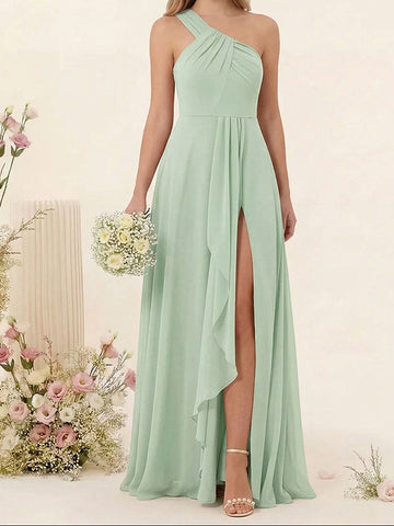 A-Line/Princess One-Shoulder Long Bridesmaid Dresses with Split Side