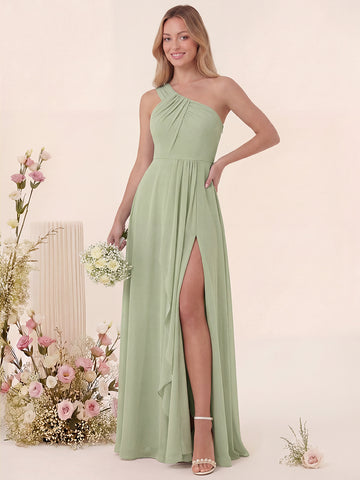 A-Line/Princess One-Shoulder Sleeveless Long Bridesmaid Dresses with Split Side