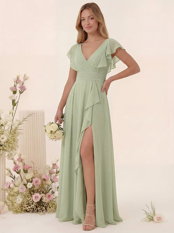 A-Line/Princess V-Neck Long Bridesmaid Dresses with Ruffles