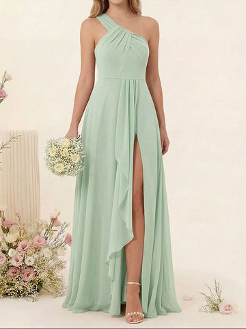 A-Line/Princess One-Shoulder Sleeveless Long Bridesmaid Dresses with Split Side