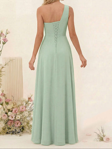 A-Line/Princess One-Shoulder Long Bridesmaid Dresses with Split Side