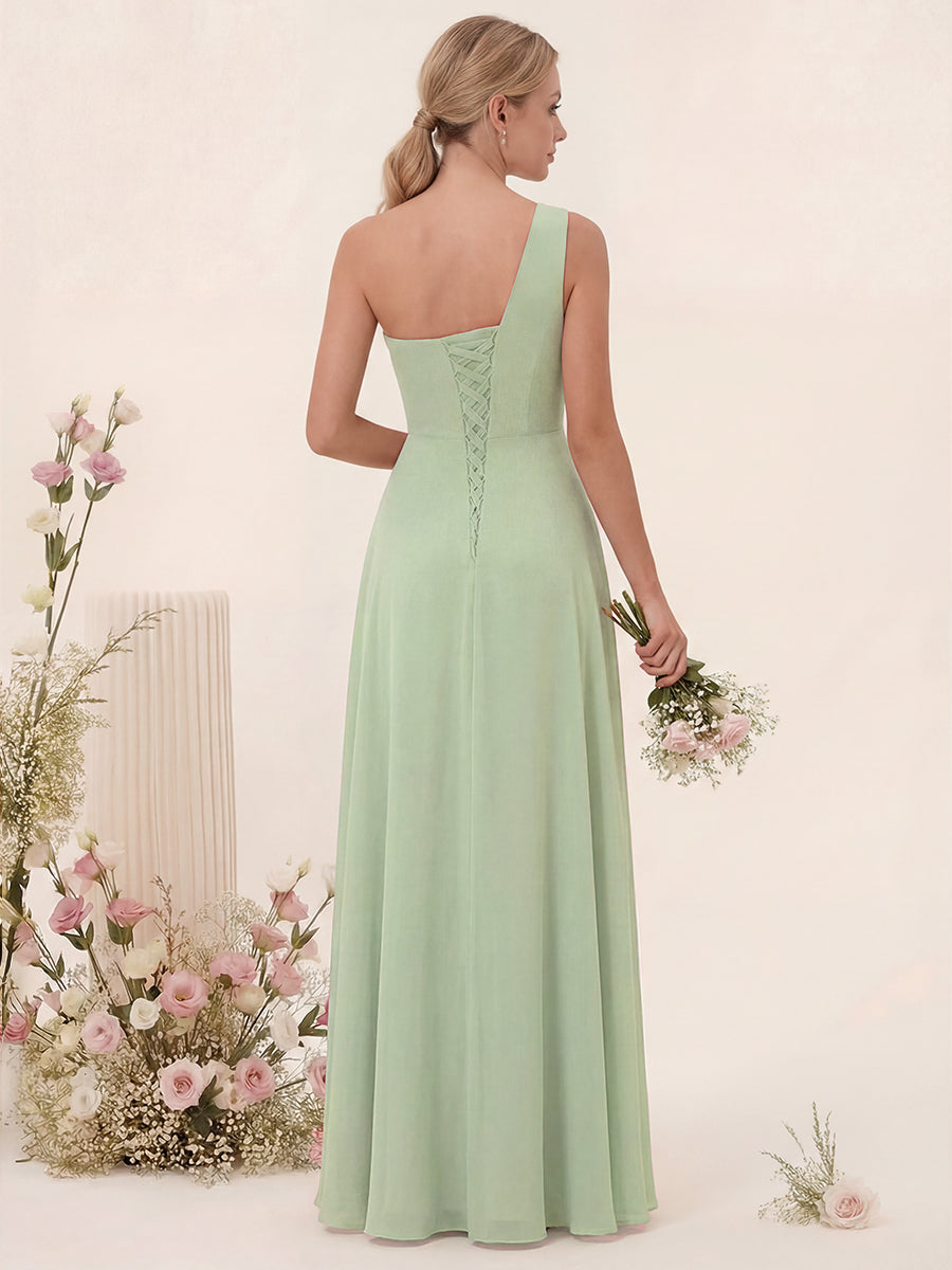 A-Line/Princess One-Shoulder Sleeveless Long Bridesmaid Dresses with Split Side