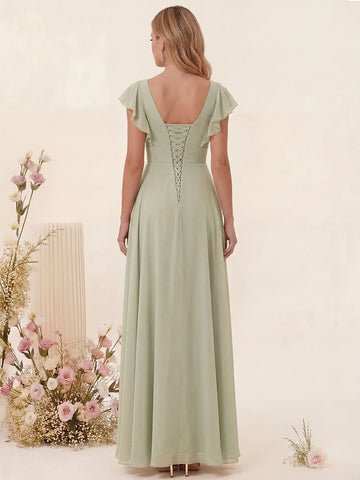 A-Line/Princess V-Neck Long Bridesmaid Dresses with Ruffles