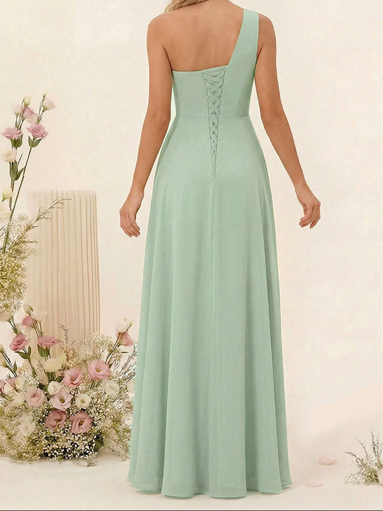 A-Line/Princess One-Shoulder Sleeveless Long Bridesmaid Dresses with Split Side