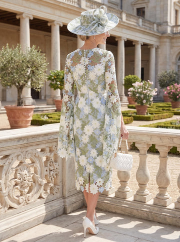 Sheath/Column Scoop Lace Mother of the Bride Dresses Tea-Length Long Sleeves Floral