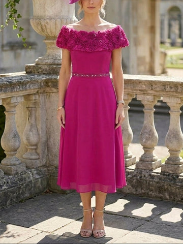 A-Line/Princess Off-the-Shoulder Chiffon Mother of the Bride Dresses Sleeveless Tea-Length 3D Flowers