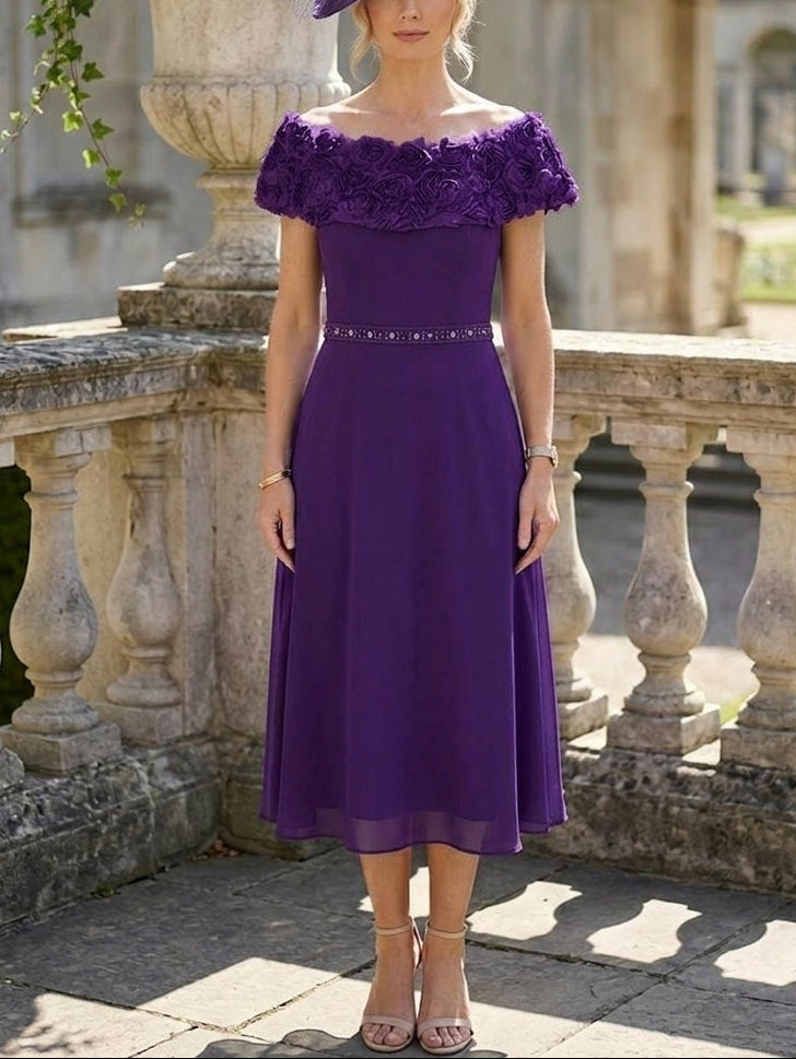 A-Line/Princess Off-the-Shoulder Chiffon Mother of the Bride Dresses Sleeveless Tea-Length 3D Flowers