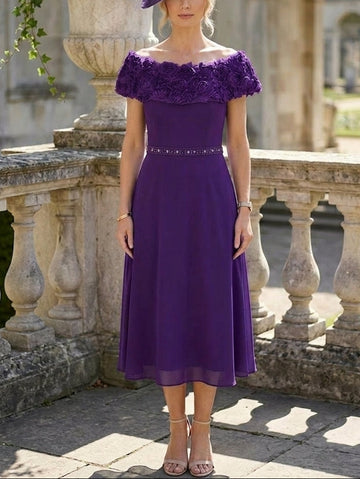 A-Line/Princess Off-the-Shoulder Chiffon Mother of the Bride Dresses Sleeveless Tea-Length 3D Flowers