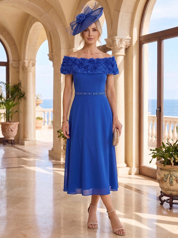 A-Line/Princess Off-the-Shoulder Chiffon Mother of the Bride Dresses Sleeveless Tea-Length 3D Flowers