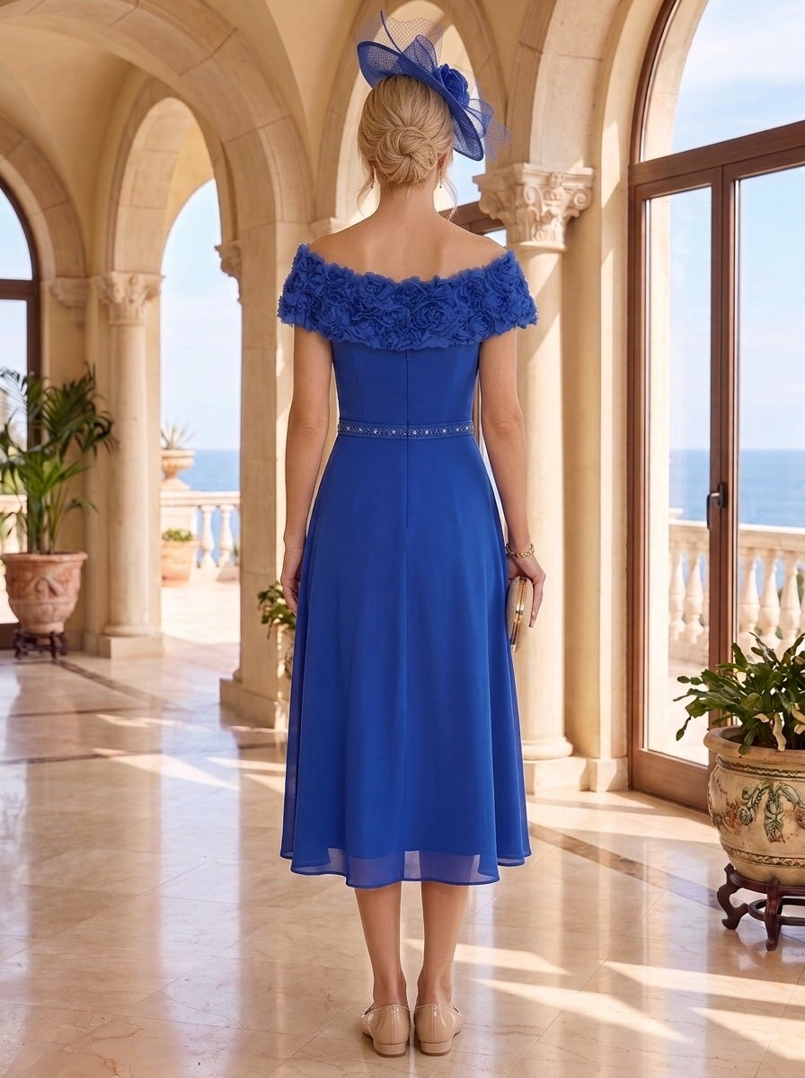 A-Line/Princess Off-the-Shoulder Chiffon Mother of the Bride Dresses Sleeveless Tea-Length 3D Flowers