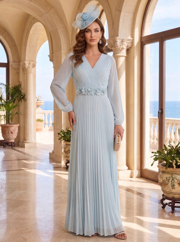 A-Line/Princess V-Neck Chiffon Mother of the Bride Dresses Long Sleeves Floor-Length Pleated With 3D Flowers