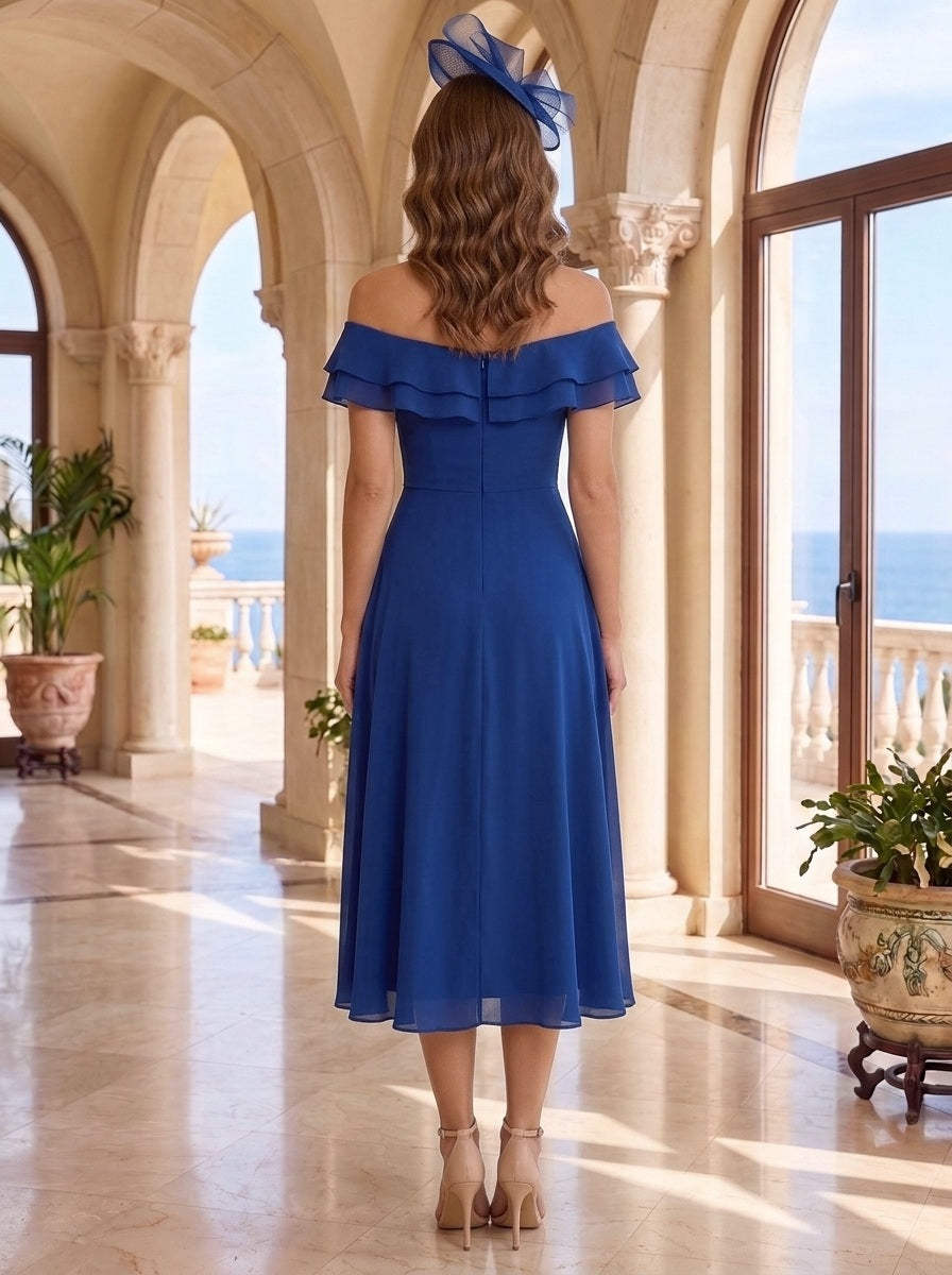 A-Line/Princess Off-the-Shoulder Chiffon Mother of the Bride Dresses Sleeveless Tea-Length Ruffles