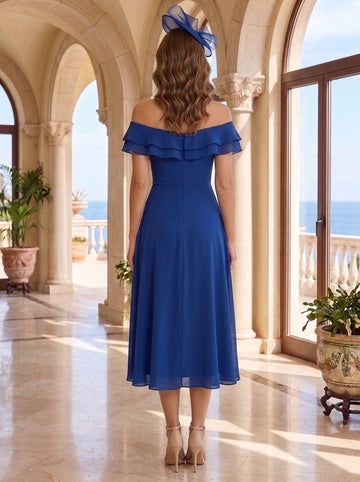 A-Line/Princess Off-the-Shoulder Chiffon Mother of the Bride Dresses Sleeveless Tea-Length Ruffles