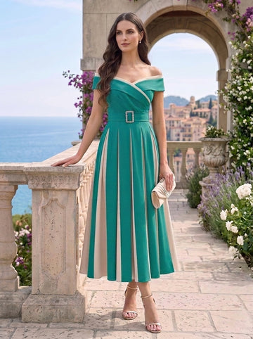 A-Line/Princess Off-the-Shoulder Stretch Satin Mother of the Bride Dresses Tea-Length Sleeveless Sash