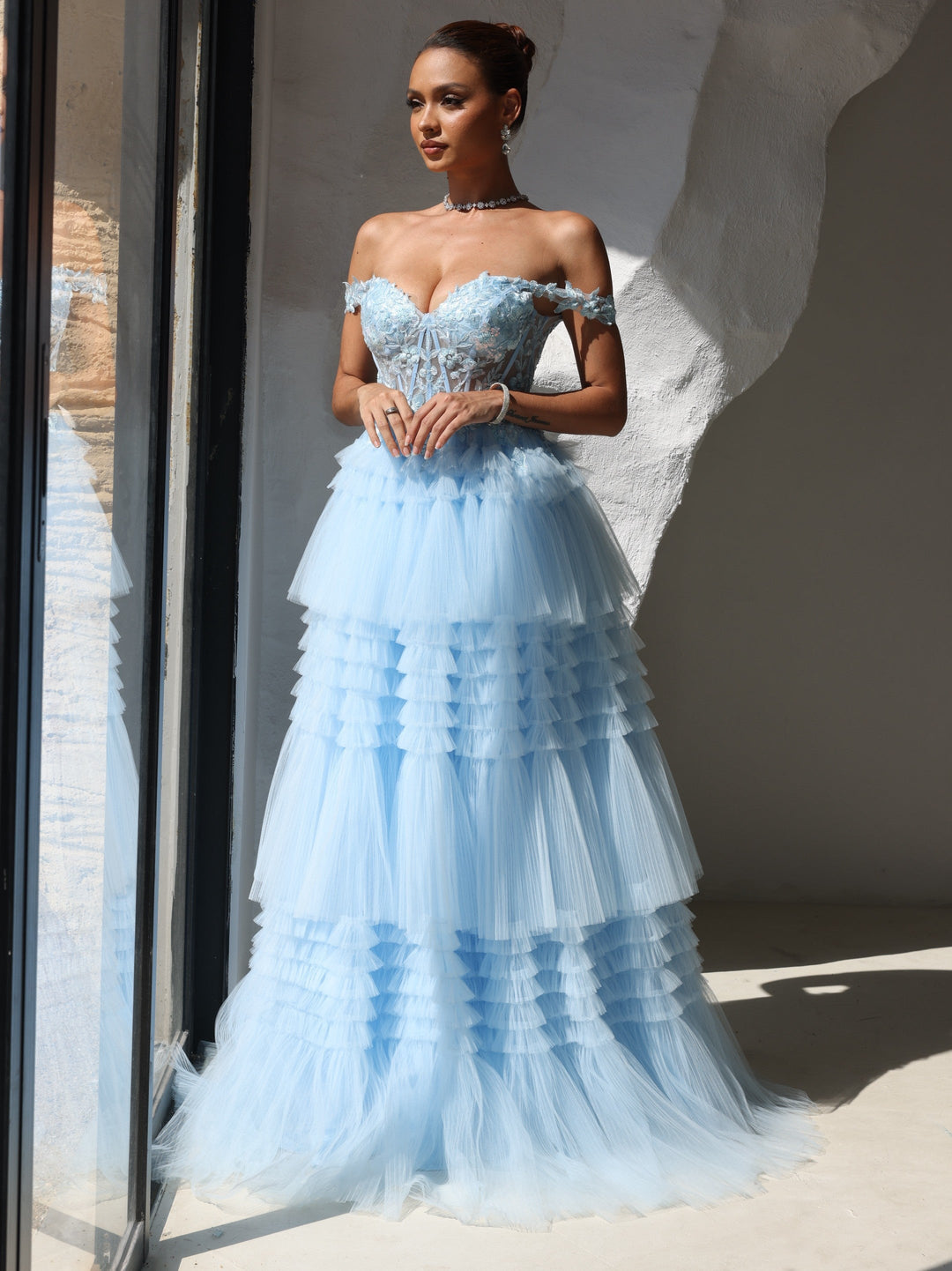 A-Line/Princess Prom Dress Short Sleeves Tulle Layered Long Prom Dresses With Split Side Appliques