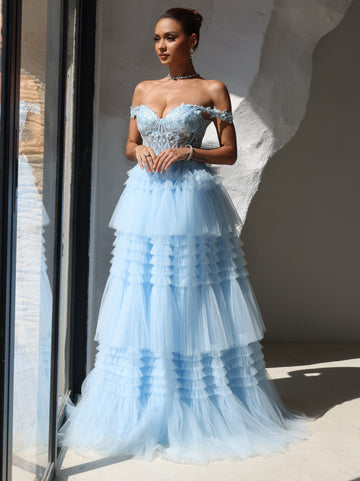 A-Line/Princess Prom Dress Short Sleeves Tulle Layered Long Prom Dresses With Split Side Appliques