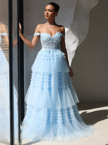 A-Line/Princess Prom Dress Short Sleeves Tulle Layered Long Prom Dresses With Split Side Appliques