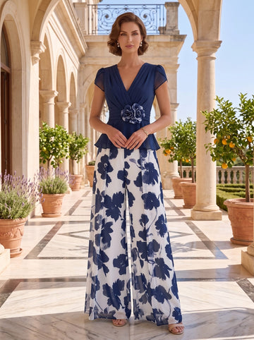 A-Line/Princess V-Neck Short Sleeves Floor-Length Mother of the Bride Floral Pants Suit
