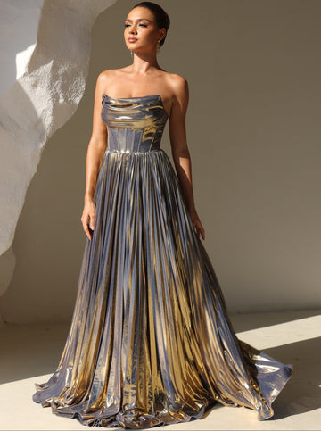 A-Line/Princess Evening Dress Strapless Formal Prom Long Pleated Dresses With Split Side