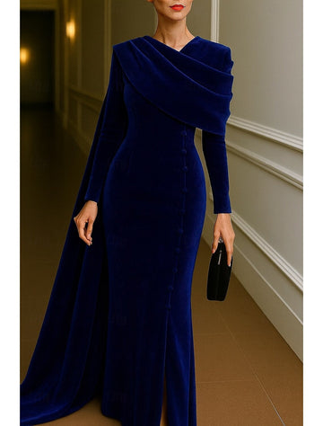 Sheath/Column Evening Dress Elegant Dress Formal Mother Of The Bride Dress Floor Length Long Sleeve Stand Collar Velvet with Pleats