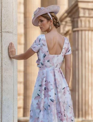 A-Line Cocktail Dress Asymmetrical Ankle Length Floral Formal Dress Short Sleeve Bateau Neck Elegant Formal