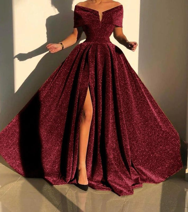 A-Line Evening Gown Sparkle & Shine Dress Formal Fall Court Train Sleeveless Off Shoulder Sequined with Sequin Slit Masquerade Dress