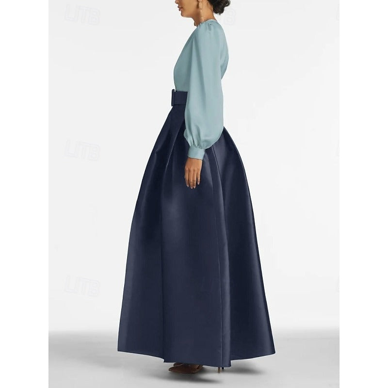 A-Line Evening Dress High Split Formal Gown Wedding Guest Floor Length Long Sleeve V Neck Belt / Sash Satin with Pleats Slit