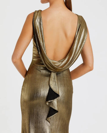 Sheath/Column Formal Evening Dress Dinner Cocktail Party Gold Floor Length Metallic Jersey Cowl Back Gown
