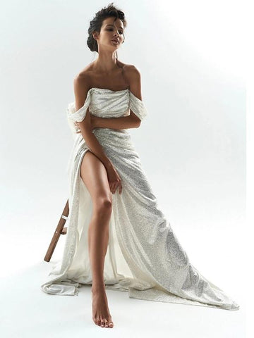 Mermaid Evening Gown Sequin Dress Prom Sweep / Brush Train  Sleeveless Off The Shoulder Satin with Slit Masquerade Dress