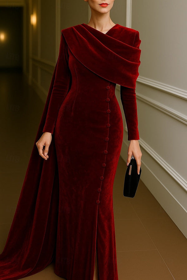 Sheath/Column Evening Dress Elegant Dress Formal Mother Of The Bride Dress Floor Length Long Sleeve Stand Collar Velvet with Pleats