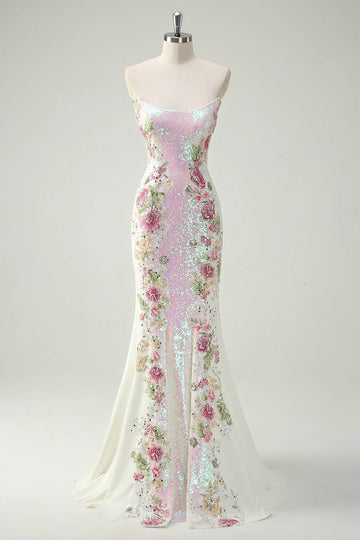 Trumpet/Mermaid Prom Dress Spaghetti Straps Formal Sequins Dresses Floral Floor-Length