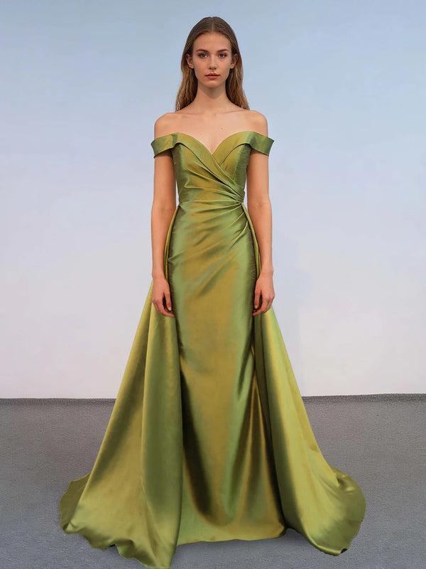 A-Line/Princess Liquid Satin Off-the-Shoulder&V-Neck Sleeveless Floor Length Evening Dress With Pleats