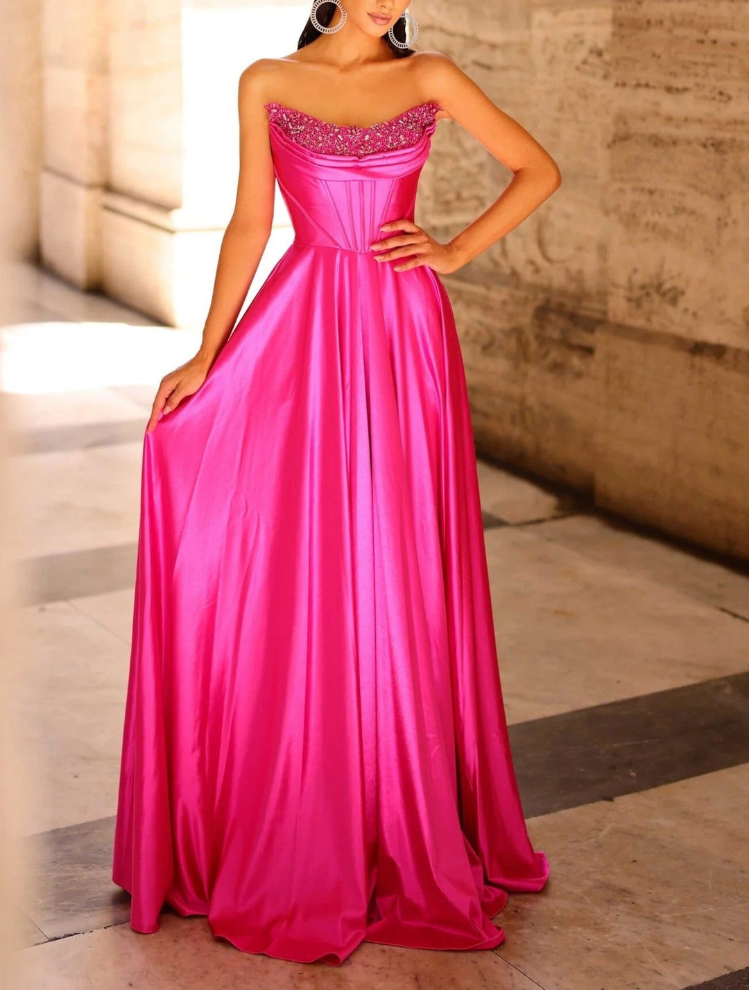 A Line/Princesses Prom Dresses Basque Waist Satin Strapless Floor-Length Formal Corset Dress With Sequins
