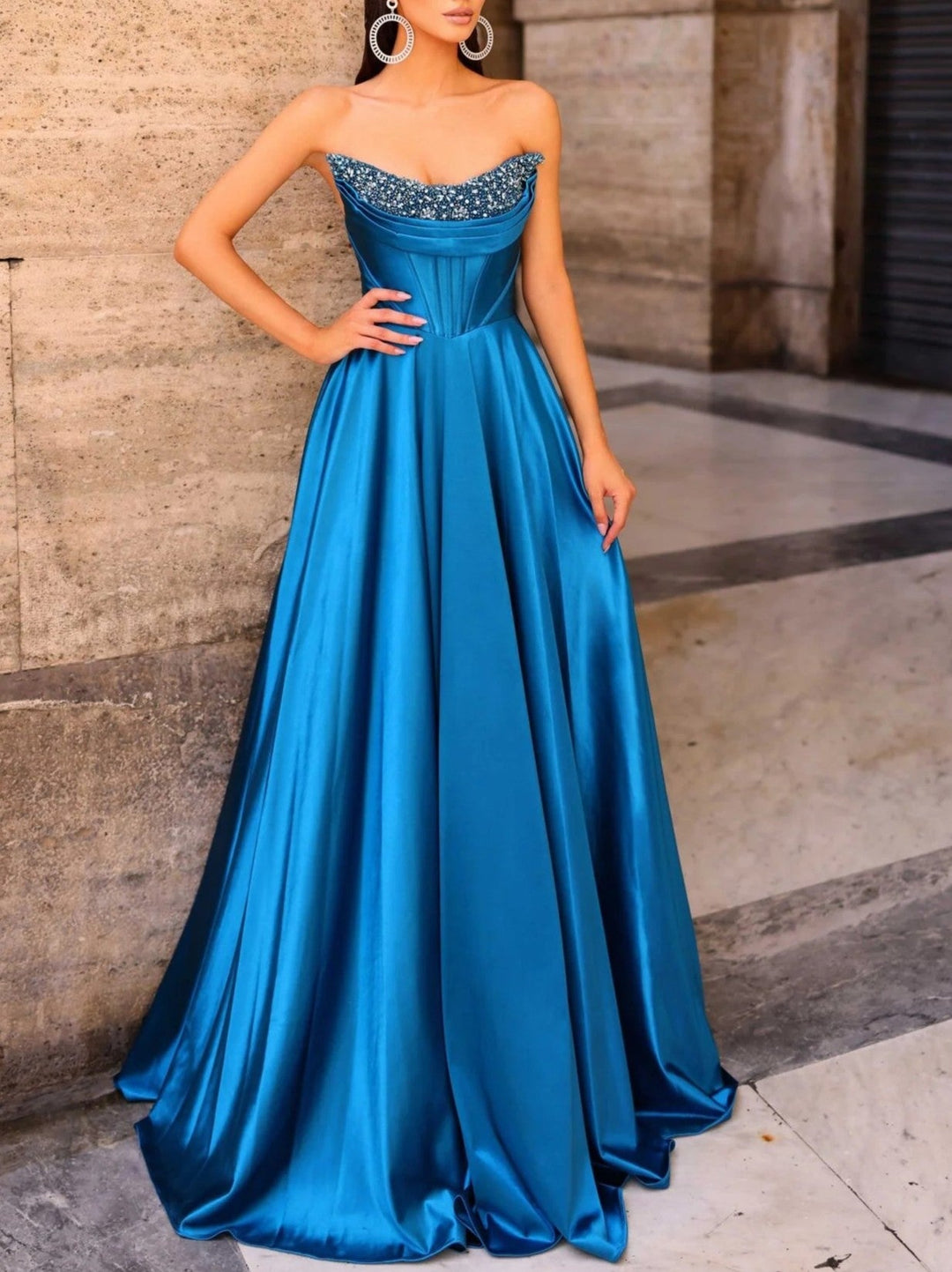 A Line/Princesses Prom Dresses Basque Waist Satin Strapless Floor-Length Formal Corset Dress With Sequins