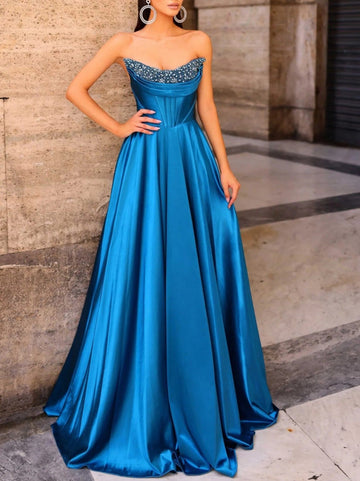 A Line/Princesses Prom Dresses Basque Waist Satin Strapless Floor-Length Formal Corset Dress With Sequins
