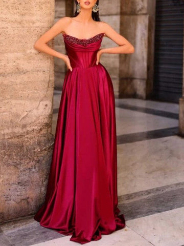 A Line/Princesses Prom Dresses Basque Waist Satin Strapless Floor-Length Formal Corset Dress With Sequins