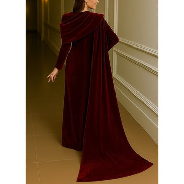 Sheath/Column Evening Dress Elegant Dress Formal Mother Of The Bride Dress Floor Length Long Sleeve Stand Collar Velvet with Pleats