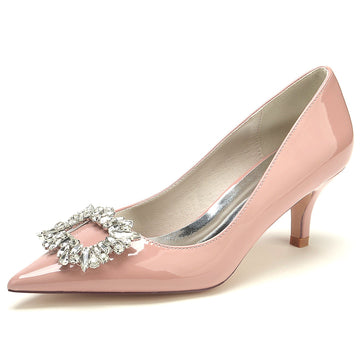 Women's Wedding Shoes Patent Leather Square Crystal Pointed Toe Mid Bridal Shoes