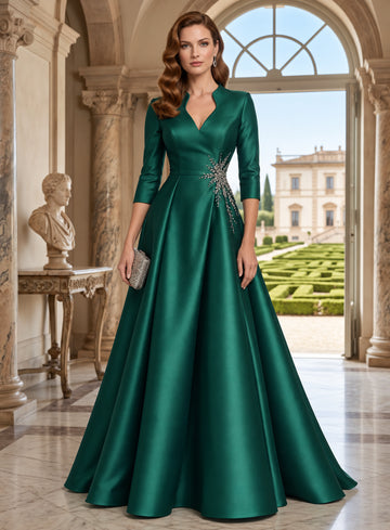 A-Line/Princess V-Neck Satin Mother of the Bride & Groom Dresses Floor-Length 3/4 Sleeves With Rhinestone
