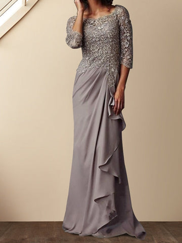 Sheath/Column Scoop Mother of the Bride Dresses Lace Chiffon Floor-Length With Ruffles